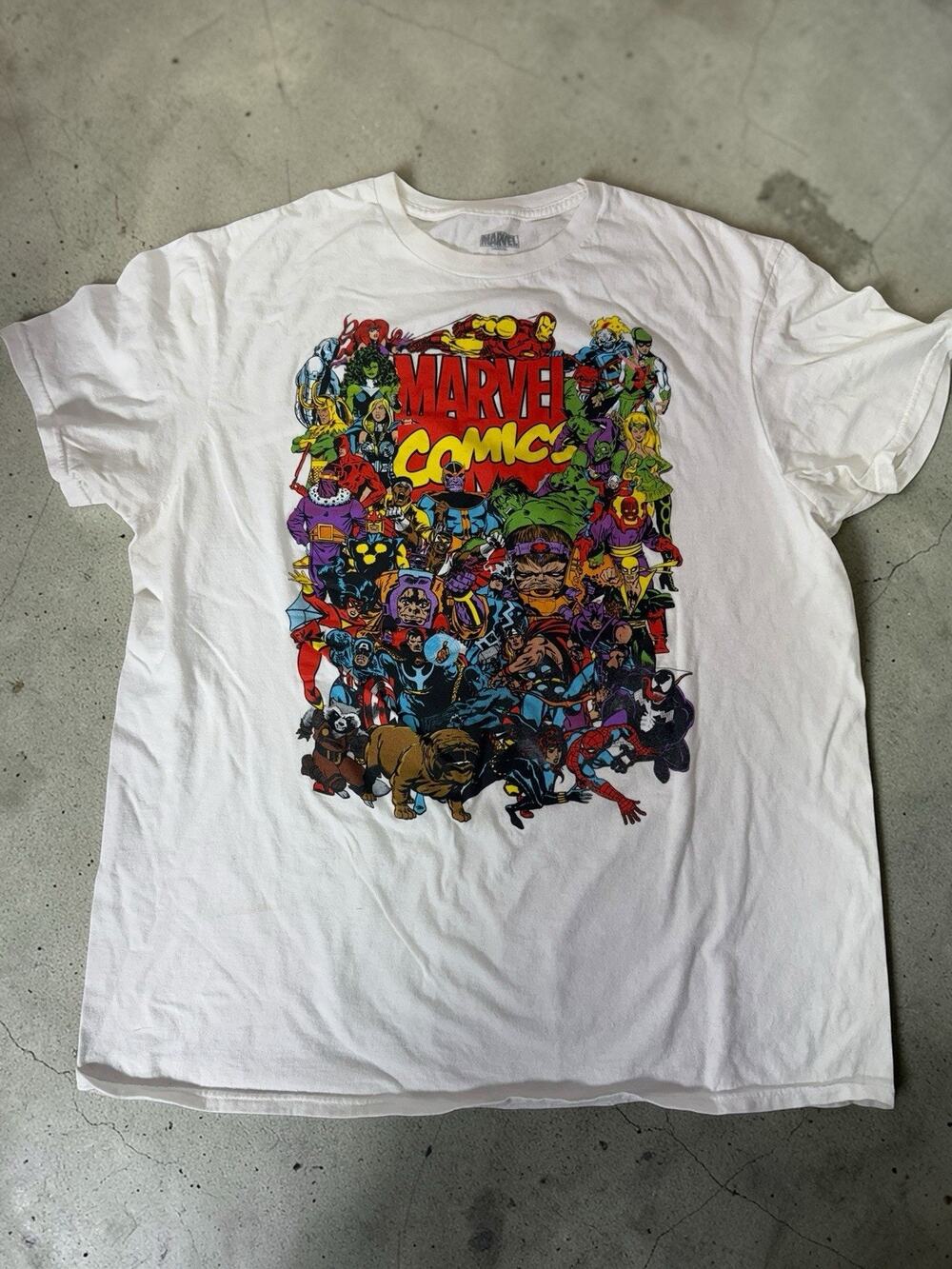 Marvel Comics White T'Shirt 100% Cotton Sz L Spider Man Thor Hulk Iron Man X-Men